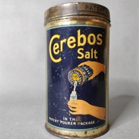 blå gul rund gammel metal dåse til Cerebos table salt fra London